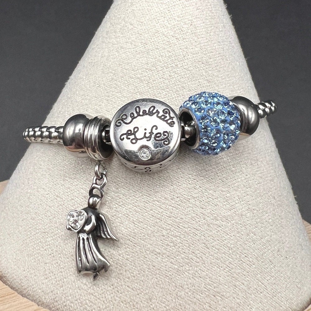 Hallmark Charm Bracelet Stainless Steel Celebrate‎ Life Angel Blue Crystal